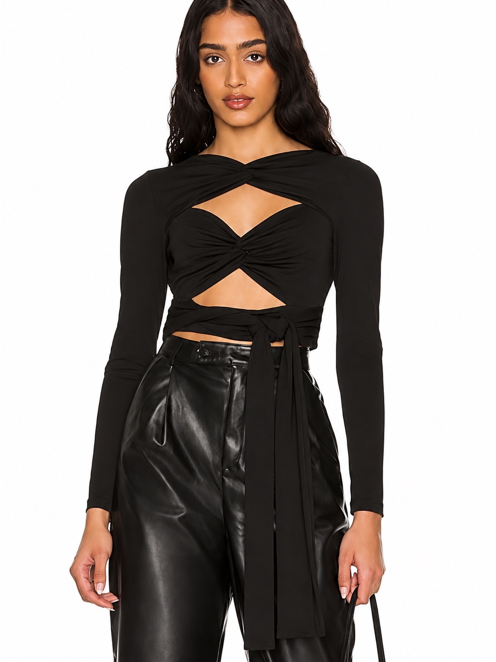 NWT Alice + Olivia Amelie Twist Tie Black Cutout Crop Top Going out L $275